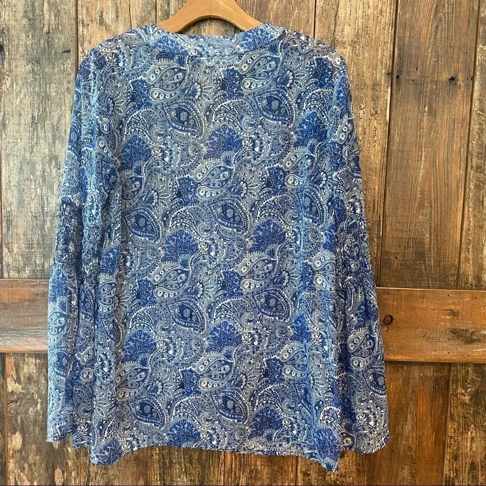 Michael Kors S Blue Gold Threaded Sheer BOHO Smocked Flared Sleeve Relaxed Top